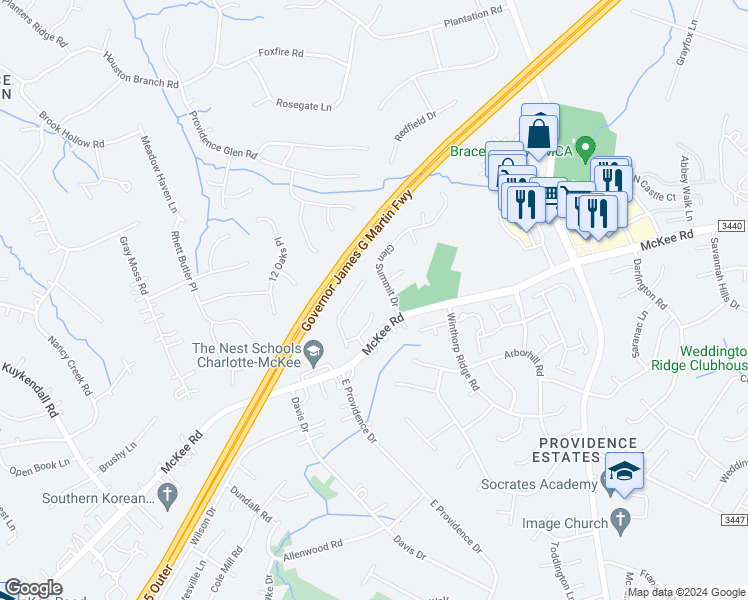 map of restaurants, bars, coffee shops, grocery stores, and more near 3000 Hornell Place in Charlotte