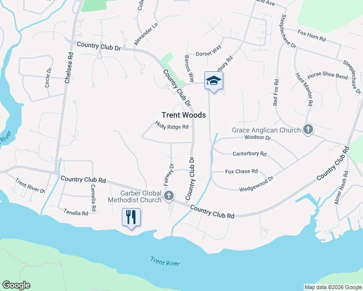 map of restaurants, bars, coffee shops, grocery stores, and more near 4104 Norman Road in Trent Woods