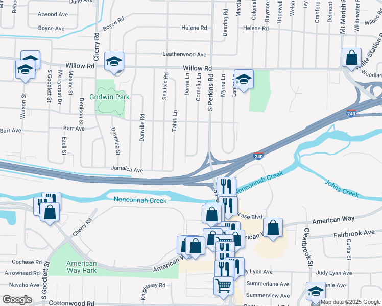 map of restaurants, bars, coffee shops, grocery stores, and more near 4598 Leona Avenue in Memphis