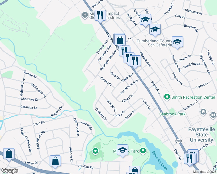 map of restaurants, bars, coffee shops, grocery stores, and more near 1909 Ernest Street in Fayetteville