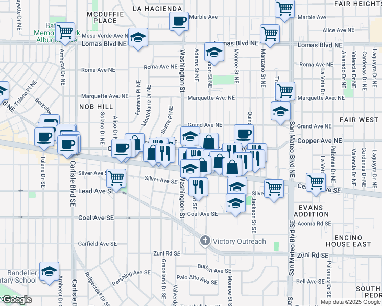 map of restaurants, bars, coffee shops, grocery stores, and more near 4401 Central Avenue Northeast in Albuquerque