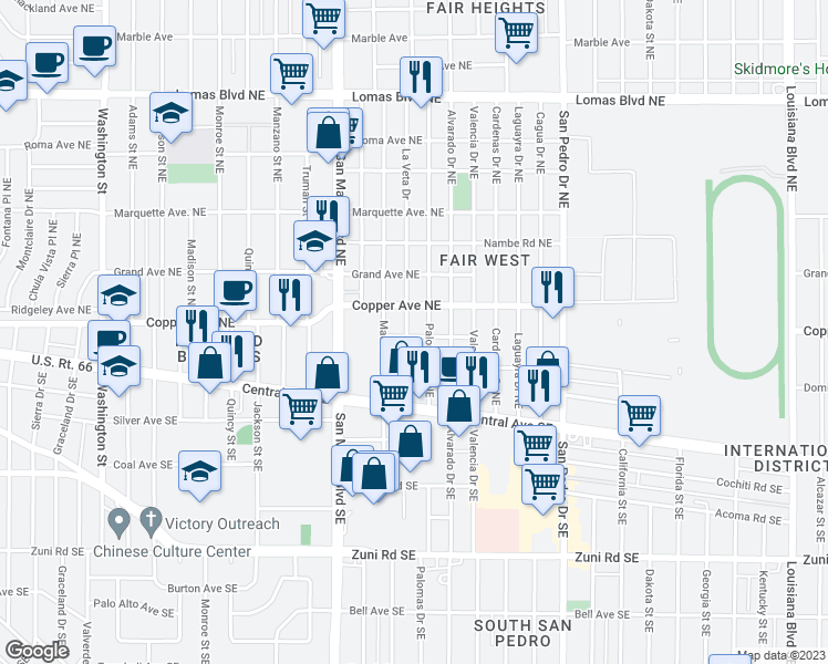 map of restaurants, bars, coffee shops, grocery stores, and more near 5500 Copper Avenue Northeast in Albuquerque