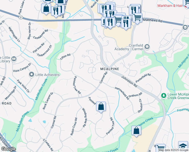map of restaurants, bars, coffee shops, grocery stores, and more near 11103 Harrowfield Road in Charlotte