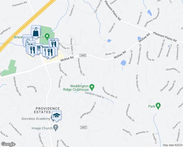 map of restaurants, bars, coffee shops, grocery stores, and more near 7338 Lamplighter Close Drive in Matthews