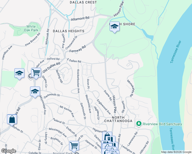 map of restaurants, bars, coffee shops, grocery stores, and more near 1215 Duane Road in Chattanooga