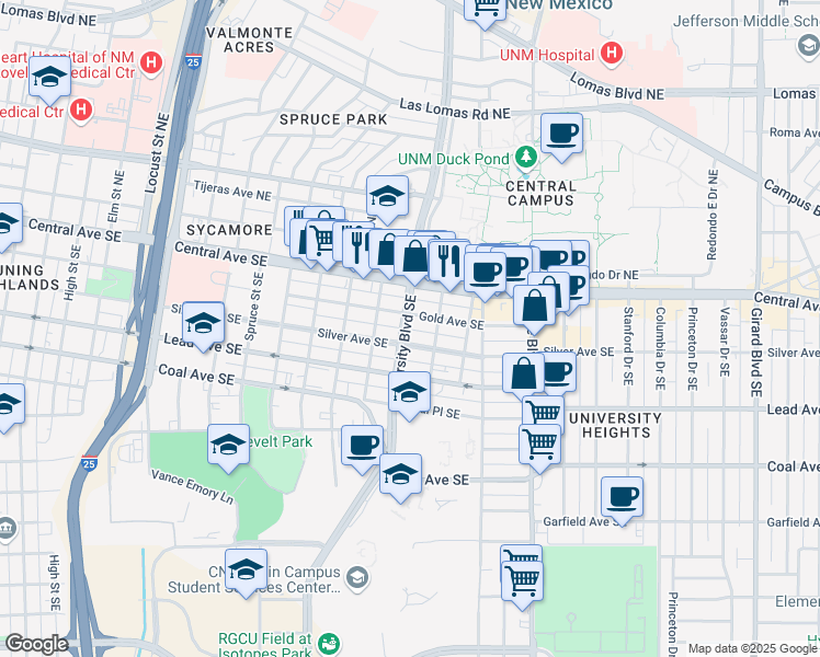 map of restaurants, bars, coffee shops, grocery stores, and more near 208 University Boulevard Southeast in Albuquerque