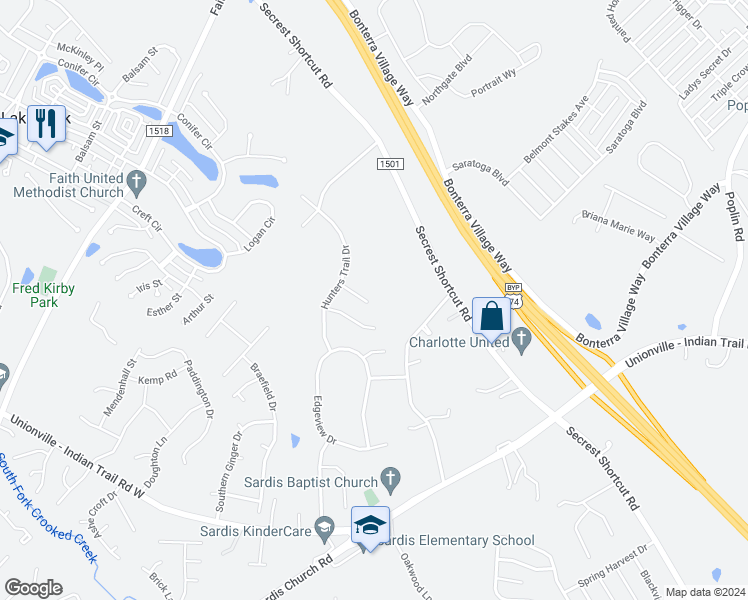 map of restaurants, bars, coffee shops, grocery stores, and more near 3011 Thistlewood Circle in Indian Trail