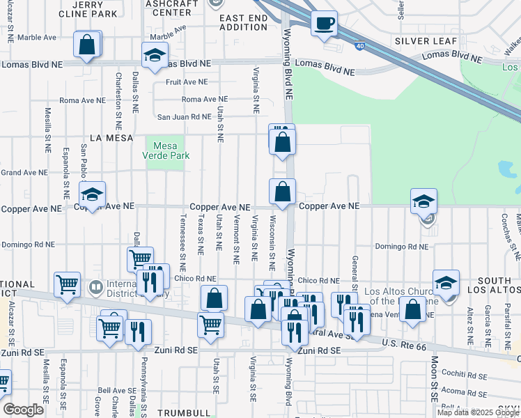map of restaurants, bars, coffee shops, grocery stores, and more near 411 Virginia Street Northeast in Albuquerque