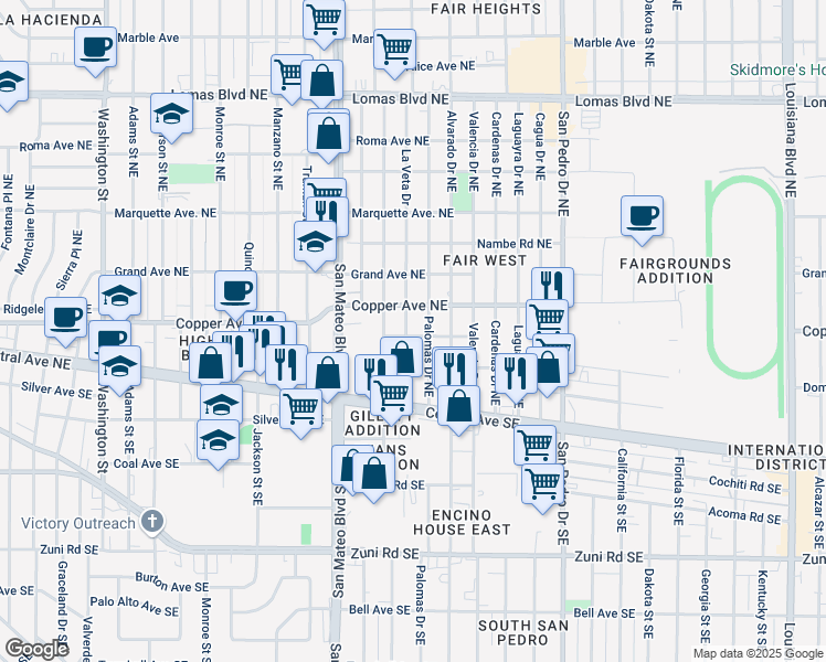 map of restaurants, bars, coffee shops, grocery stores, and more near 5500 Copper Avenue Northeast in Albuquerque