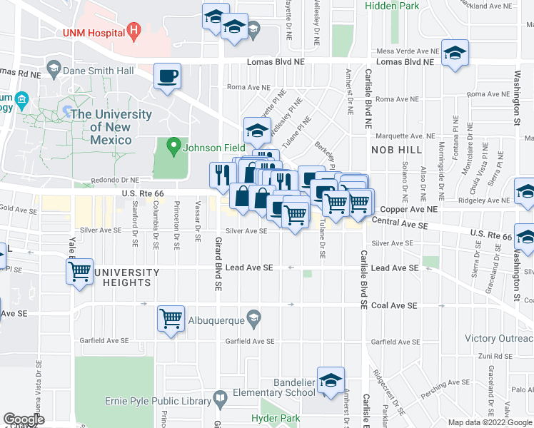 map of restaurants, bars, coffee shops, grocery stores, and more near 3022 Central Avenue Southeast in Albuquerque