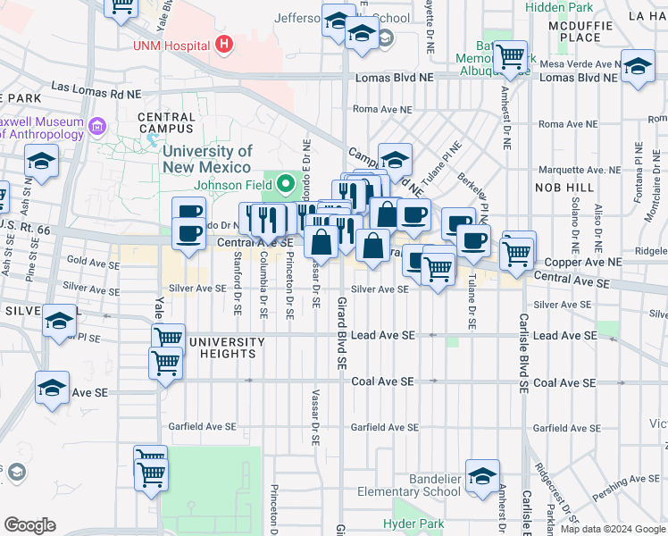 map of restaurants, bars, coffee shops, grocery stores, and more near in Albuquerque