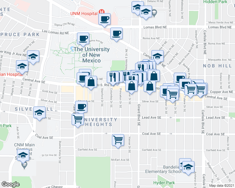 map of restaurants, bars, coffee shops, grocery stores, and more near 108 Princeton Drive Southeast in Albuquerque