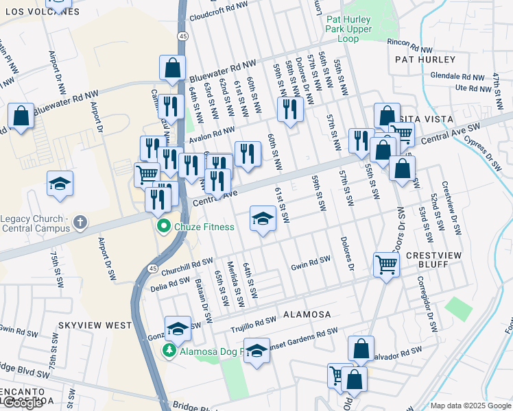 map of restaurants, bars, coffee shops, grocery stores, and more near 6116 Central Avenue Southwest in Albuquerque