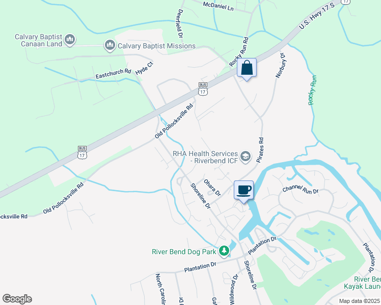 map of restaurants, bars, coffee shops, grocery stores, and more near 21 Masters Court Drive in New Bern