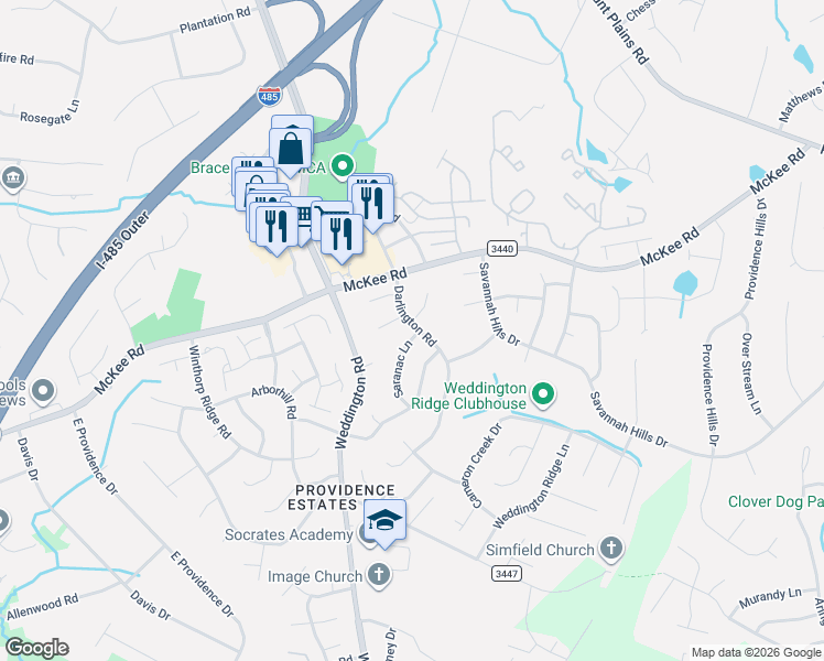 map of restaurants, bars, coffee shops, grocery stores, and more near 3239 Darlington Road in Matthews