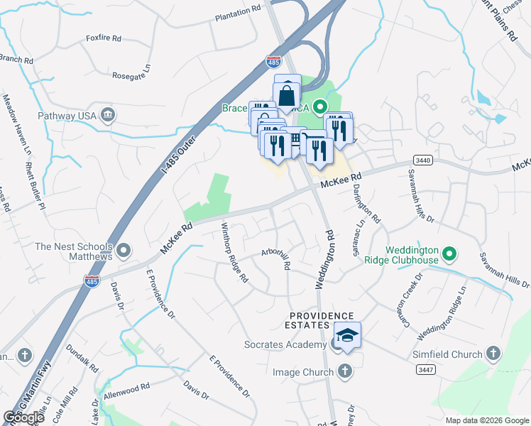 map of restaurants, bars, coffee shops, grocery stores, and more near 2533 McKee Road in Charlotte