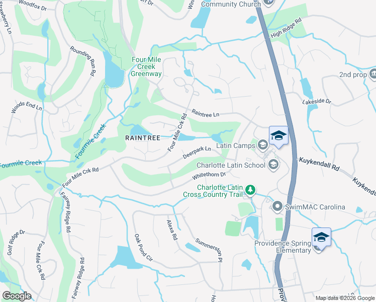 map of restaurants, bars, coffee shops, grocery stores, and more near 9117 Deerpark Lane in Charlotte