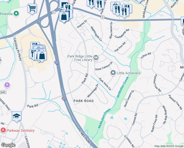 map of restaurants, bars, coffee shops, grocery stores, and more near 7701 Park Vista Circle in Charlotte
