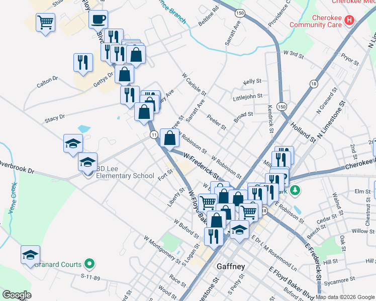 map of restaurants, bars, coffee shops, grocery stores, and more near 525 West Robinson Street in Gaffney