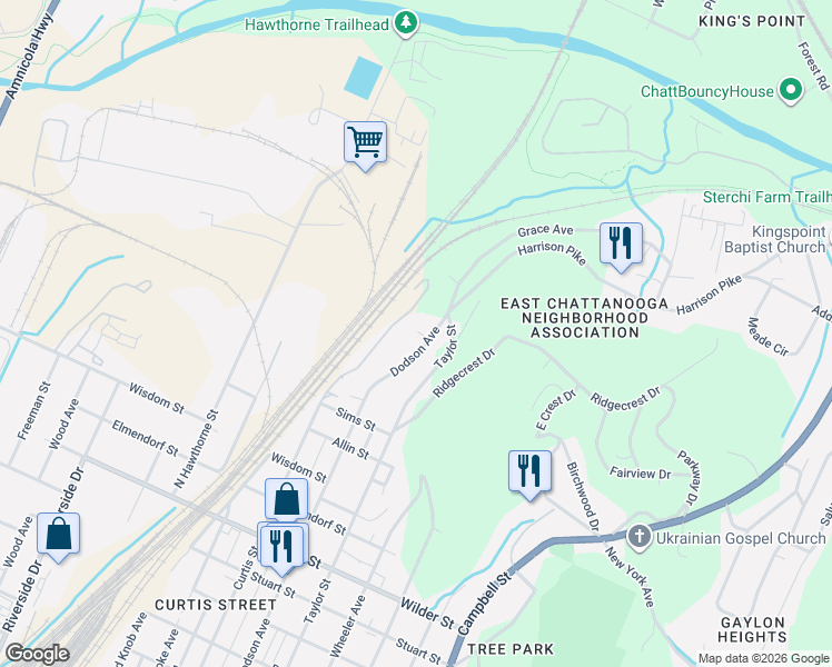 map of restaurants, bars, coffee shops, grocery stores, and more near 3591 Dodson Avenue in Chattanooga