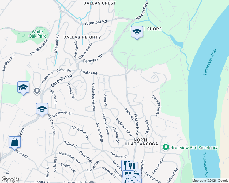map of restaurants, bars, coffee shops, grocery stores, and more near 1215 Duane Road in Chattanooga