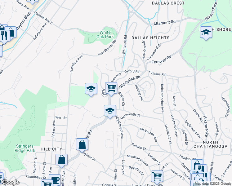 map of restaurants, bars, coffee shops, grocery stores, and more near 715 Old Dallas Road in Chattanooga