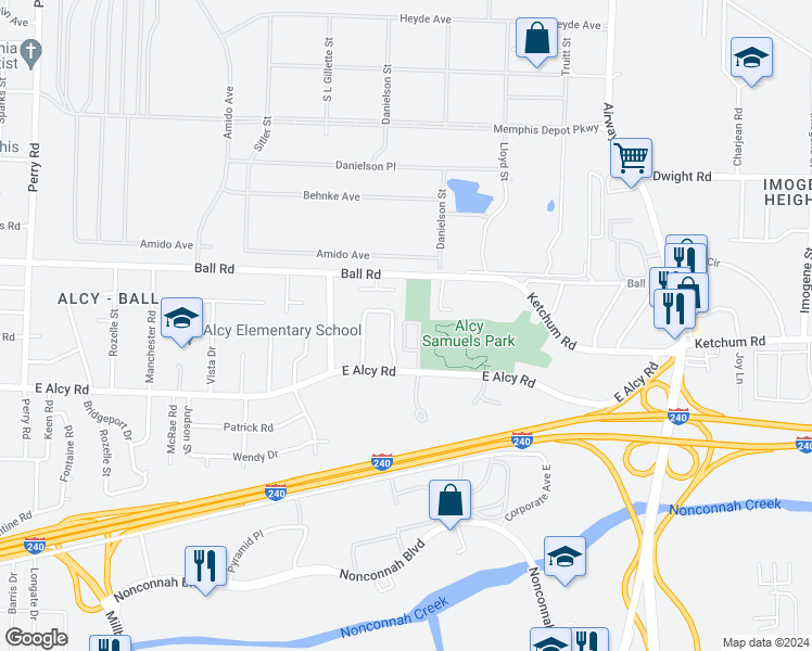 map of restaurants, bars, coffee shops, grocery stores, and more near 2019 Ball Road in Memphis