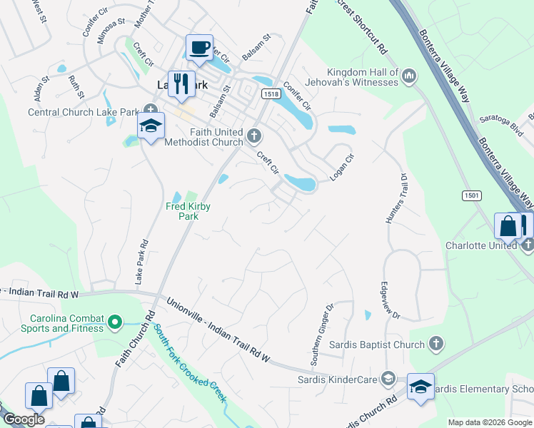 map of restaurants, bars, coffee shops, grocery stores, and more near 5705 Hoover Street in Indian Trail