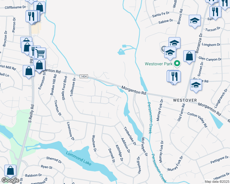map of restaurants, bars, coffee shops, grocery stores, and more near 3804 Morganton Road in Fayetteville