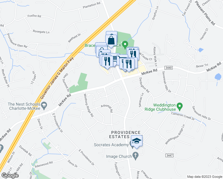 map of restaurants, bars, coffee shops, grocery stores, and more near 3420 Laurenhurst Lane in Charlotte