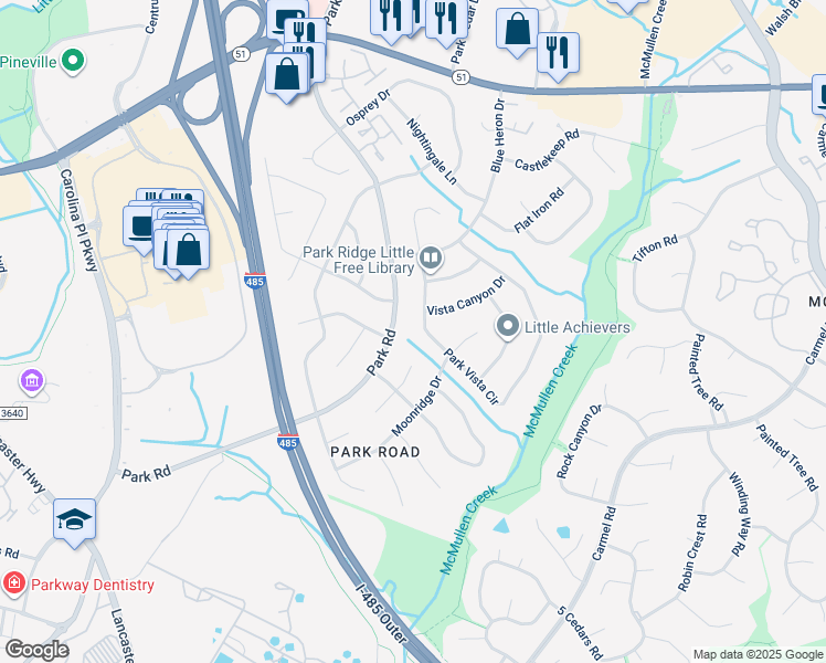 map of restaurants, bars, coffee shops, grocery stores, and more near 7701 Park Vista Circle in Charlotte
