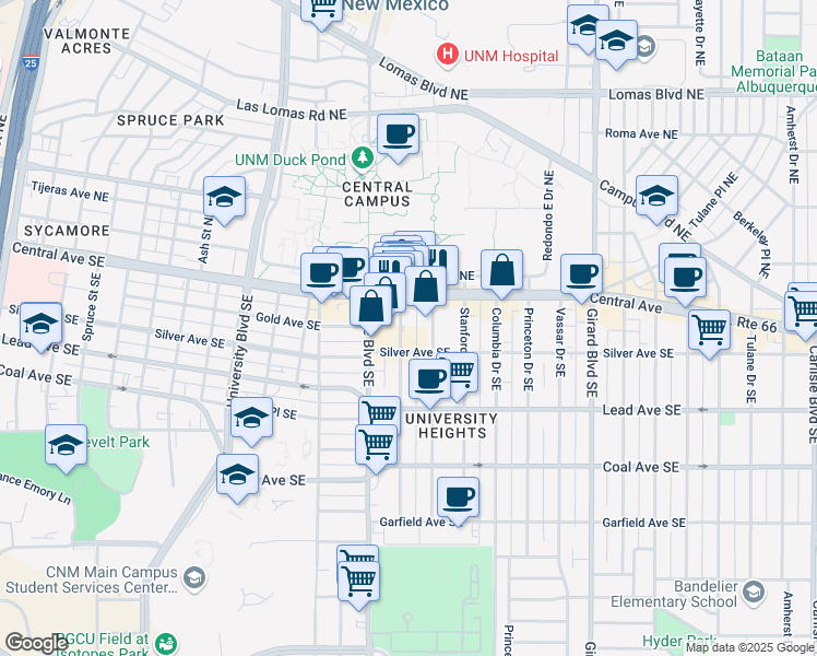 map of restaurants, bars, coffee shops, grocery stores, and more near 124 Harvard Drive Southeast in Albuquerque