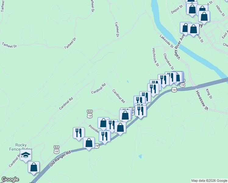 map of restaurants, bars, coffee shops, grocery stores, and more near 318 Cardinal Road in Murphy