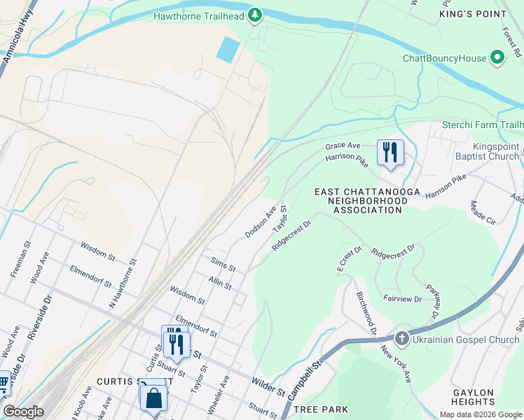 map of restaurants, bars, coffee shops, grocery stores, and more near 3591 Dodson Avenue in Chattanooga