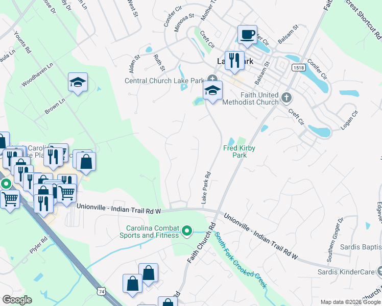 map of restaurants, bars, coffee shops, grocery stores, and more near 4503 Crystal Creek Court in Indian Trail