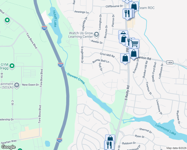 map of restaurants, bars, coffee shops, grocery stores, and more near 211 Inglenook Circle in Fayetteville