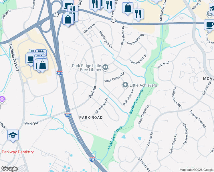 map of restaurants, bars, coffee shops, grocery stores, and more near 7701 Park Vista Circle in Charlotte