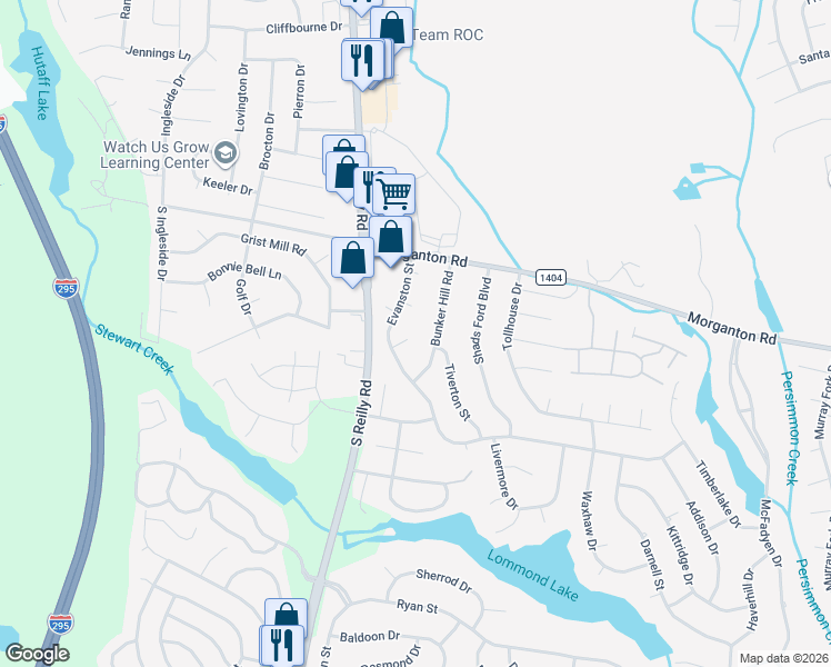 map of restaurants, bars, coffee shops, grocery stores, and more near 6501 Tannen Court in Fayetteville