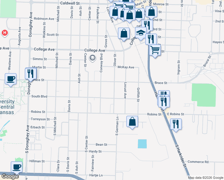 map of restaurants, bars, coffee shops, grocery stores, and more near 229 Oliver Street in Conway