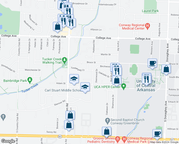 map of restaurants, bars, coffee shops, grocery stores, and more near 2651 Timberpeg Court in Conway
