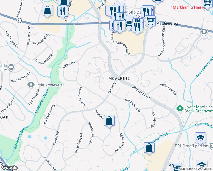 map of restaurants, bars, coffee shops, grocery stores, and more near 11153 Harrowfield Road in Charlotte