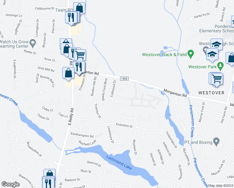 map of restaurants, bars, coffee shops, grocery stores, and more near 6338 Bent Tree Drive in Fayetteville
