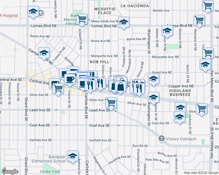map of restaurants, bars, coffee shops, grocery stores, and more near 3821 Central Avenue Northeast in Albuquerque