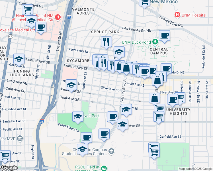 map of restaurants, bars, coffee shops, grocery stores, and more near 1523 Silver Avenue Southeast in Albuquerque