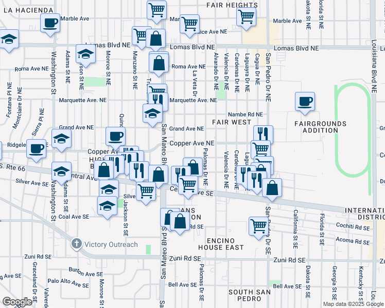 map of restaurants, bars, coffee shops, grocery stores, and more near 5500 Copper Avenue Northeast in Albuquerque