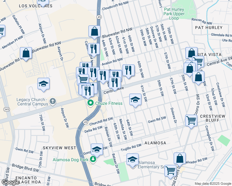 map of restaurants, bars, coffee shops, grocery stores, and more near 6420 Central Avenue Northwest in Albuquerque