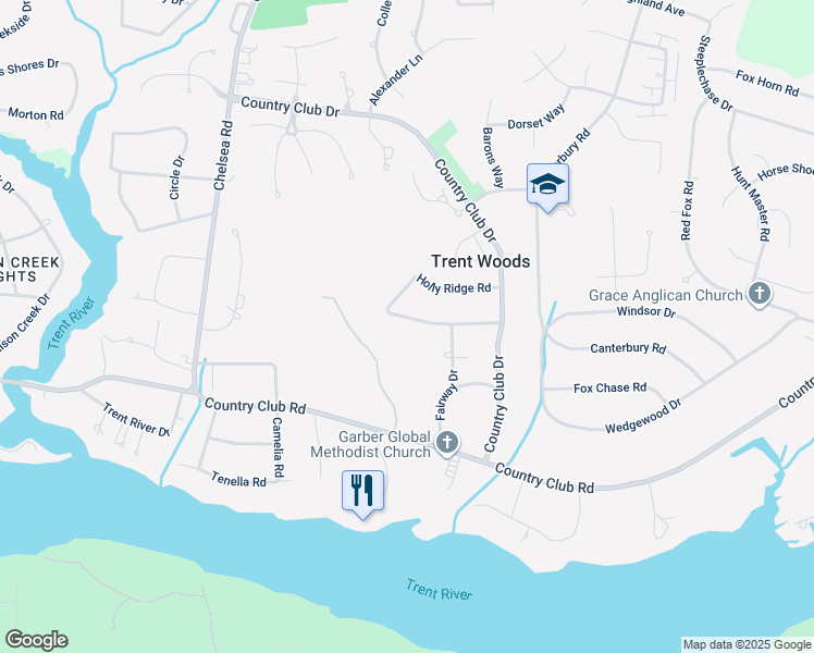 map of restaurants, bars, coffee shops, grocery stores, and more near 409 Fairway Drive in Trent Woods