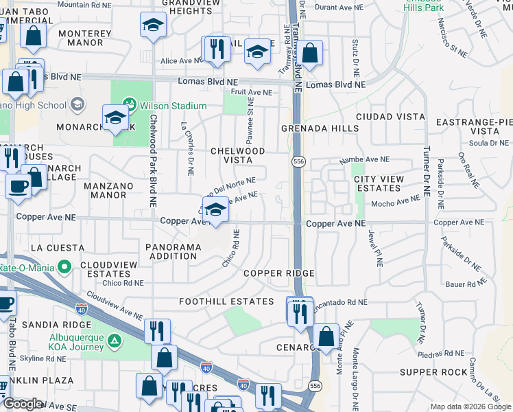 map of restaurants, bars, coffee shops, grocery stores, and more near 13308 Oriente Avenue Northeast in Albuquerque