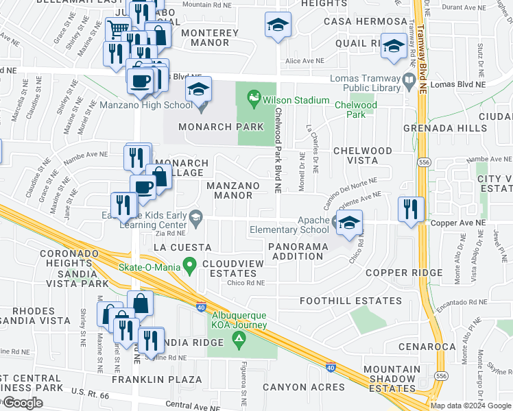 map of restaurants, bars, coffee shops, grocery stores, and more near 12604 Monarch Drive Northeast in Albuquerque