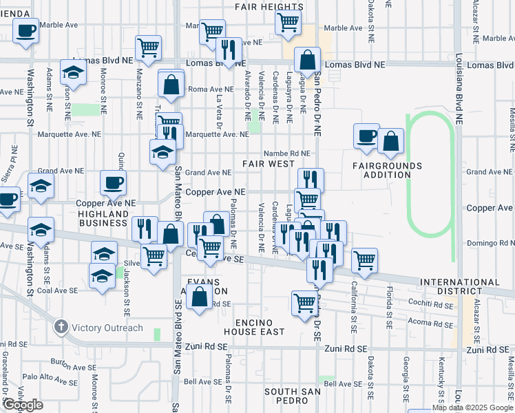 map of restaurants, bars, coffee shops, grocery stores, and more near 321 Valencia Drive Northeast in Albuquerque